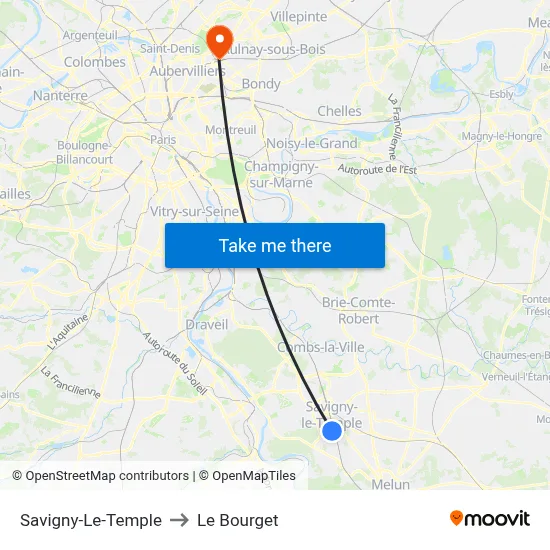 Savigny-Le-Temple to Le Bourget map