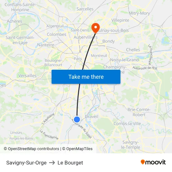 Savigny-Sur-Orge to Le Bourget map
