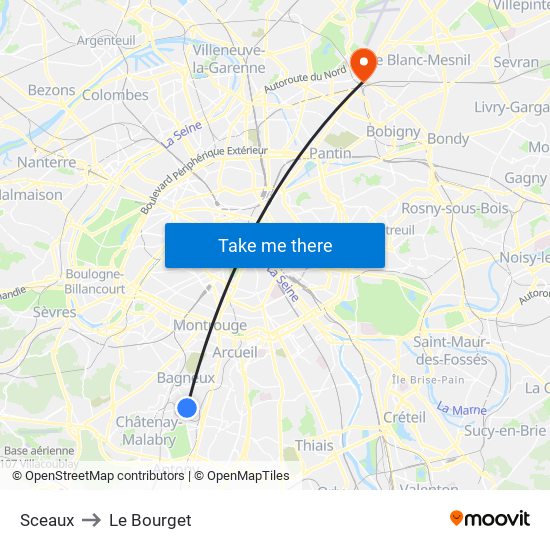 Sceaux to Le Bourget map