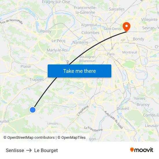 Senlisse to Le Bourget map