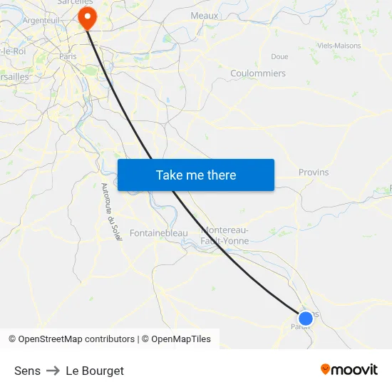 Sens to Le Bourget map