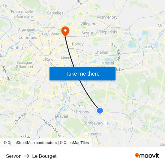 Servon to Le Bourget map