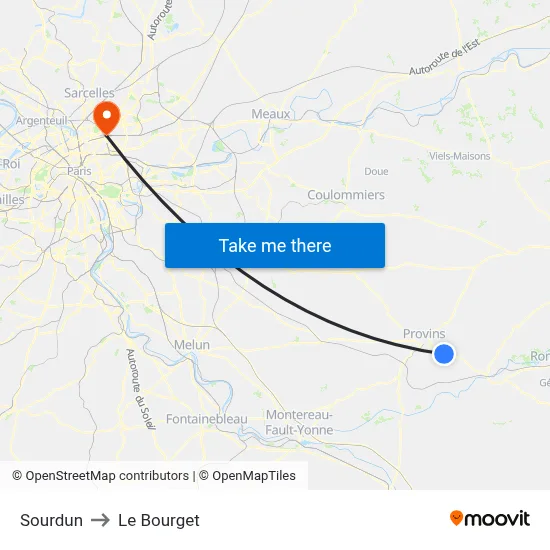 Sourdun to Le Bourget map