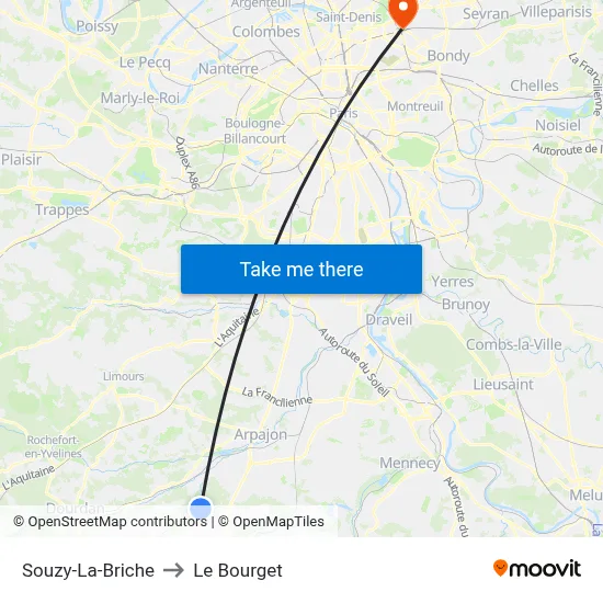 Souzy-La-Briche to Le Bourget map