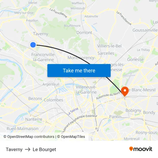 Taverny to Le Bourget map