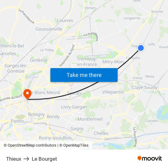 Thieux to Le Bourget map
