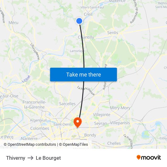 Thiverny to Le Bourget map