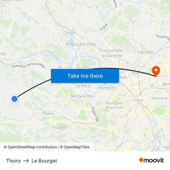 Thoiry to Le Bourget map