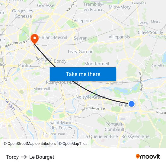 Torcy to Le Bourget map