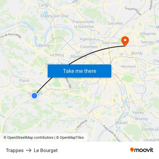 Trappes to Le Bourget map