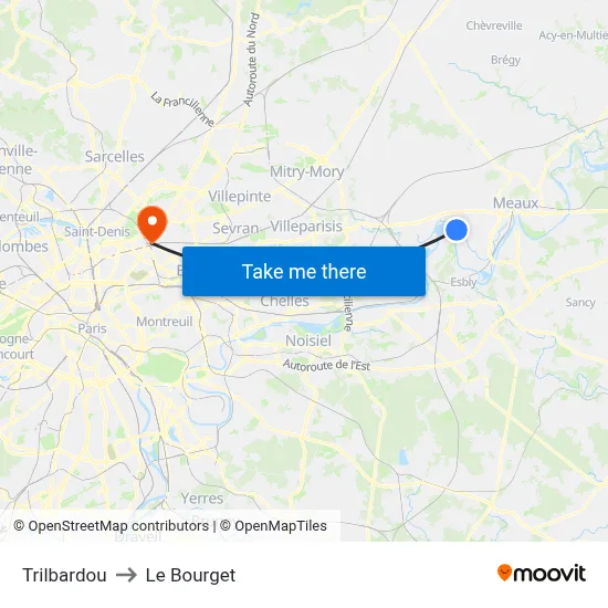Trilbardou to Le Bourget map