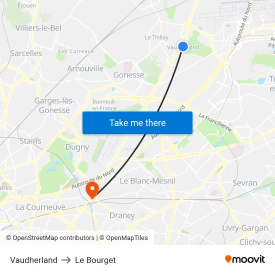 Vaudherland to Le Bourget map