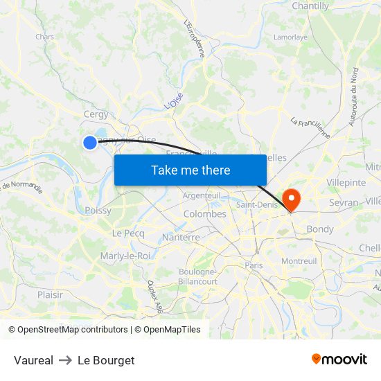Vaureal to Le Bourget map