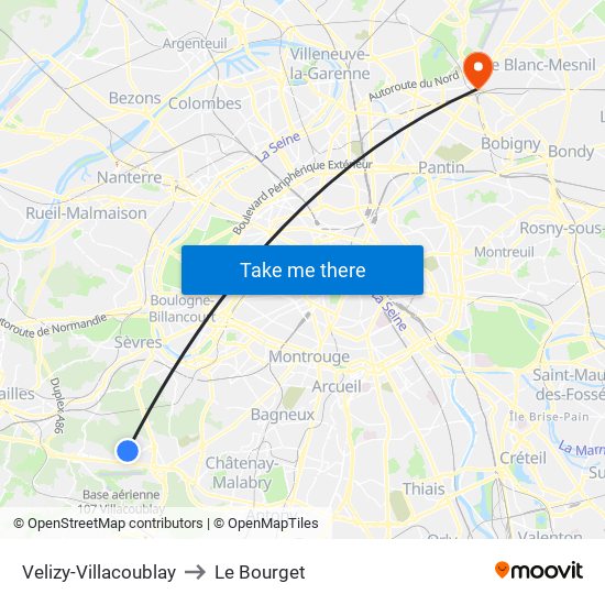 Velizy-Villacoublay to Le Bourget map