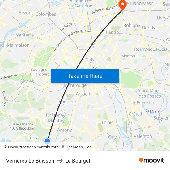 Verrieres-Le-Buisson to Le Bourget map