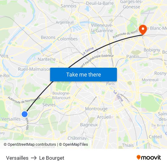 Versailles to Le Bourget map