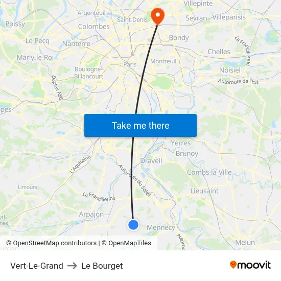 Vert-Le-Grand to Le Bourget map