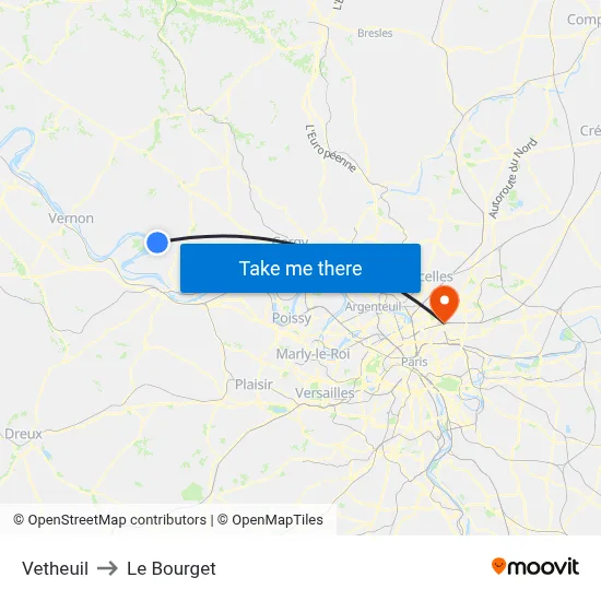 Vetheuil to Le Bourget map