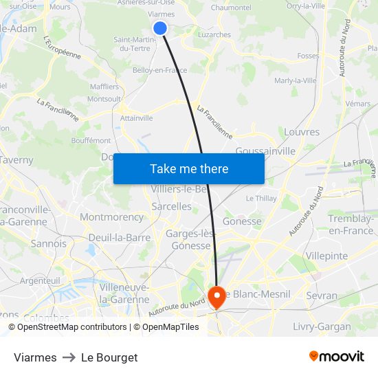 Viarmes to Le Bourget map