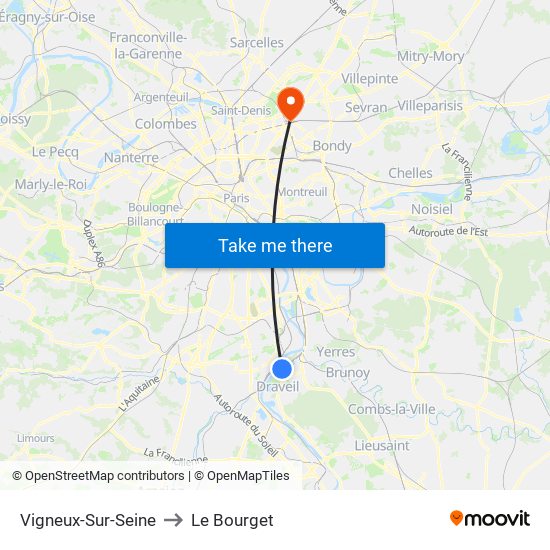 Vigneux-Sur-Seine to Le Bourget map