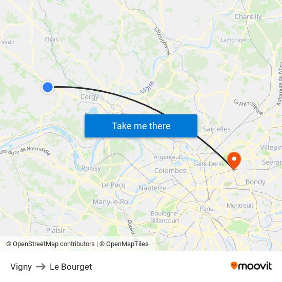 Vigny to Le Bourget map