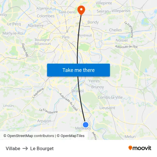 Villabe to Le Bourget map