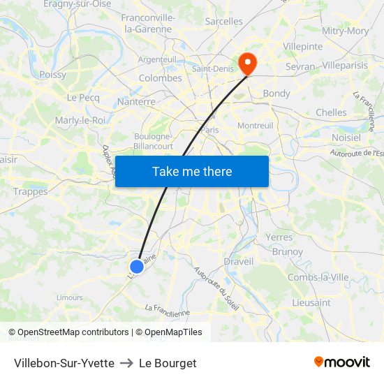 Villebon-Sur-Yvette to Le Bourget map