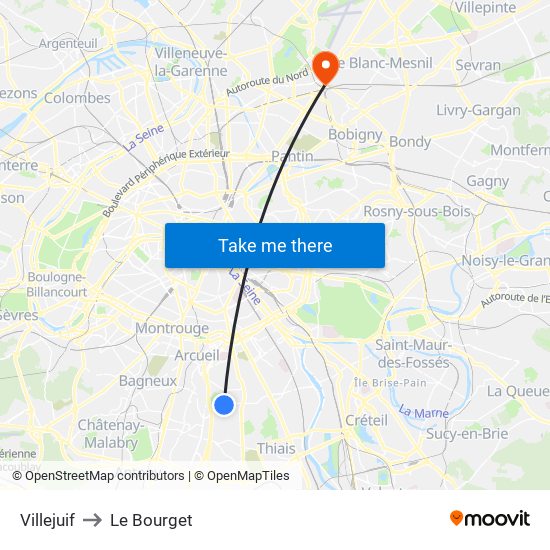 Villejuif to Le Bourget map