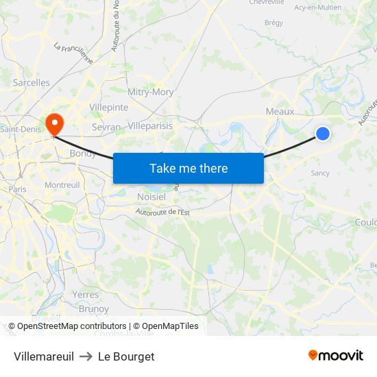 Villemareuil to Le Bourget map
