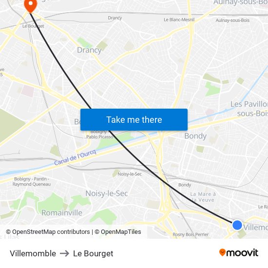 Villemomble to Le Bourget map