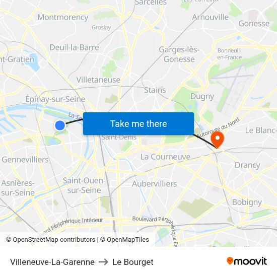 Villeneuve-La-Garenne to Le Bourget map