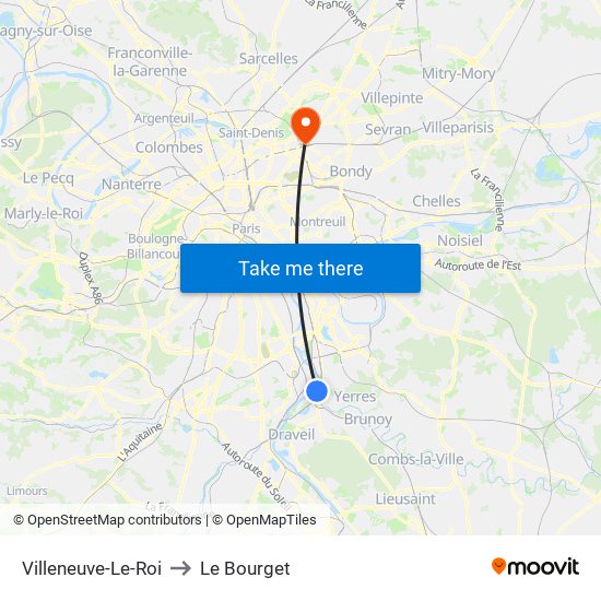 Villeneuve-Le-Roi to Le Bourget map