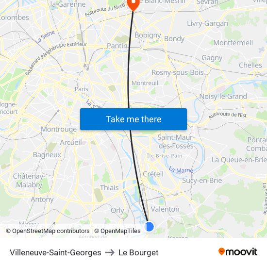 Villeneuve-Saint-Georges to Le Bourget map