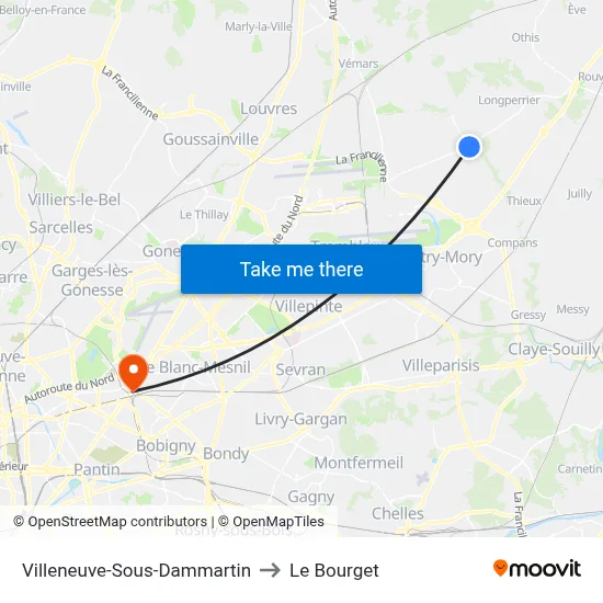 Villeneuve-Sous-Dammartin to Le Bourget map