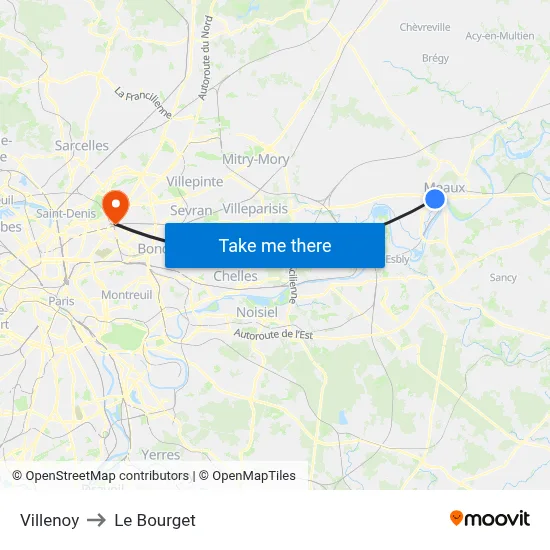 Villenoy to Le Bourget map