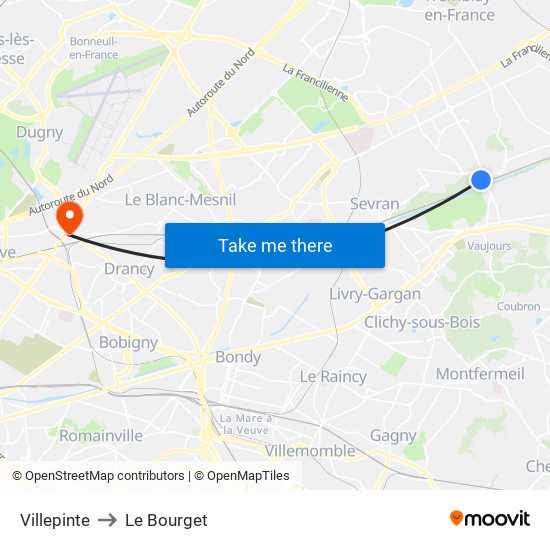 Villepinte to Le Bourget map