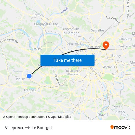 Villepreux to Le Bourget map