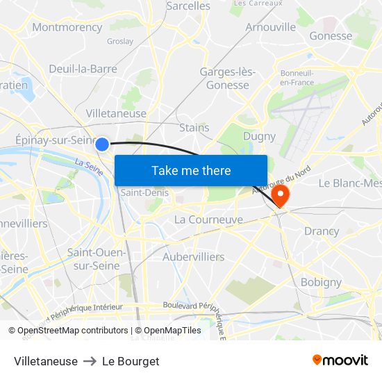 Villetaneuse to Le Bourget map