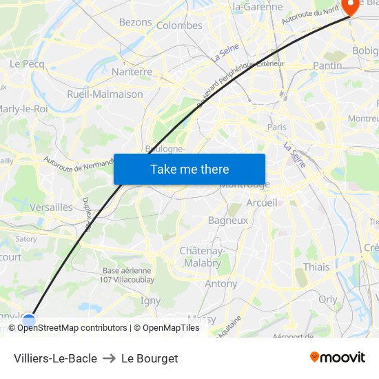 Villiers-Le-Bacle to Le Bourget map