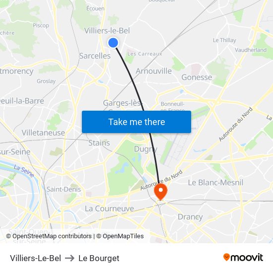 Villiers-Le-Bel to Le Bourget map