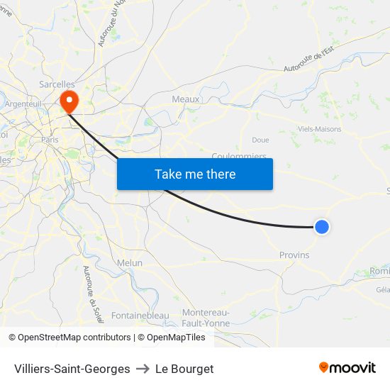 Villiers-Saint-Georges to Le Bourget map
