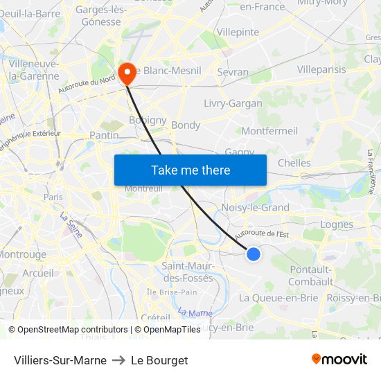 Villiers-Sur-Marne to Le Bourget map