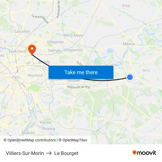 Villiers-Sur-Morin to Le Bourget map
