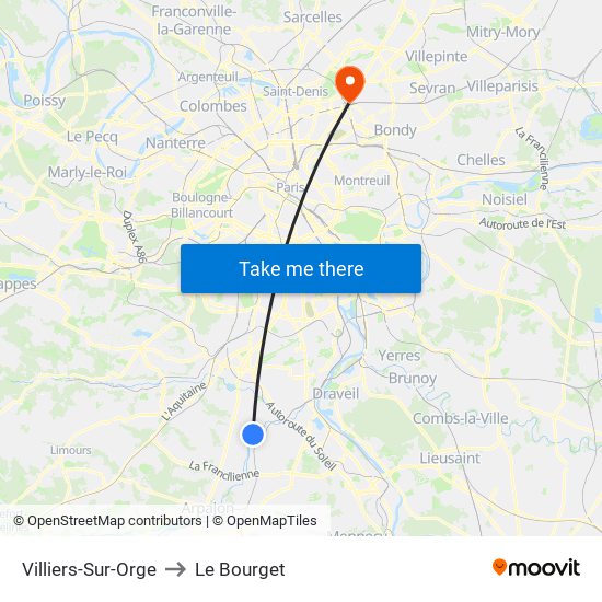 Villiers-Sur-Orge to Le Bourget map