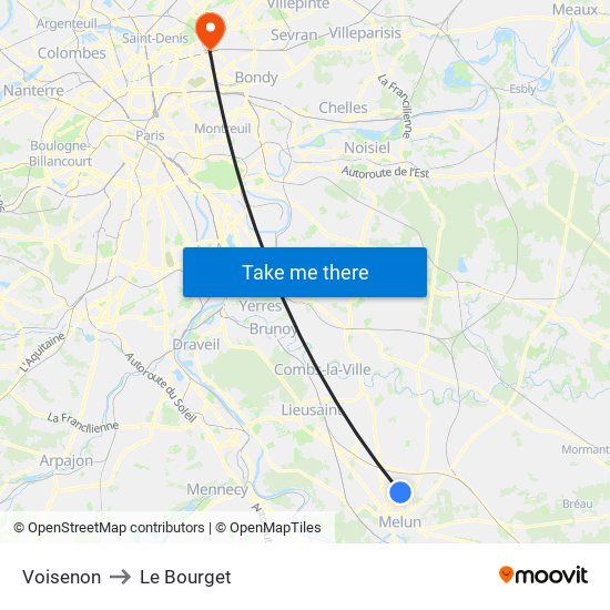 Voisenon to Le Bourget map