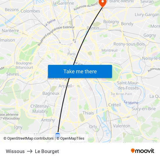 Wissous to Le Bourget map