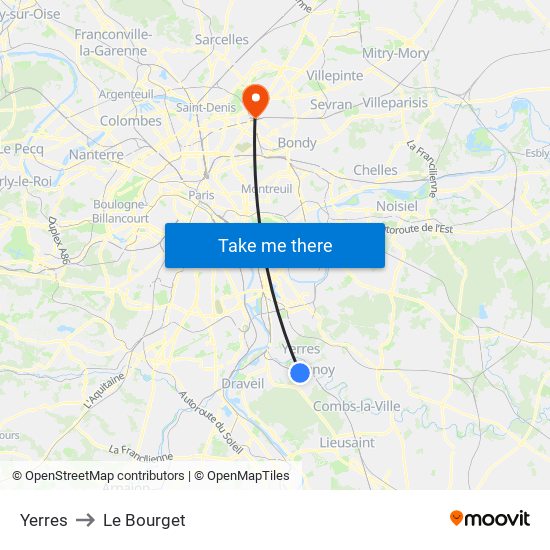 Yerres to Le Bourget map