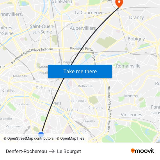 Denfert-Rochereau to Le Bourget map