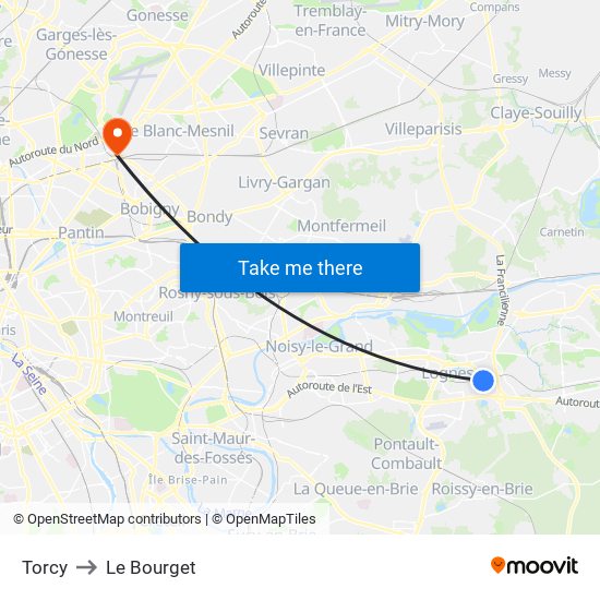 Torcy to Le Bourget map