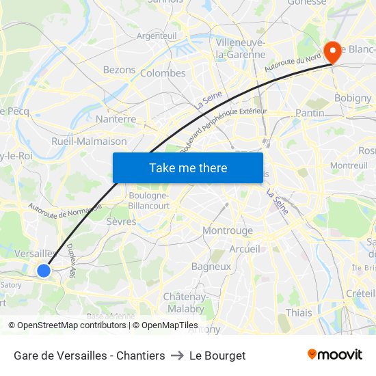 Gare de Versailles - Chantiers to Le Bourget map